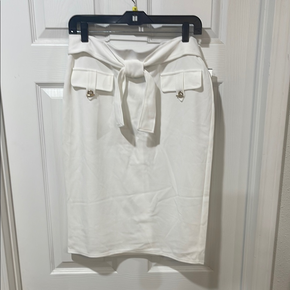 NYC White Pencil Skirt with Tie Front
